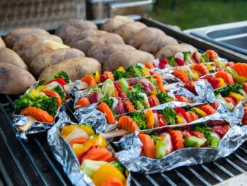 Vegetable skewers and grilled potatoes